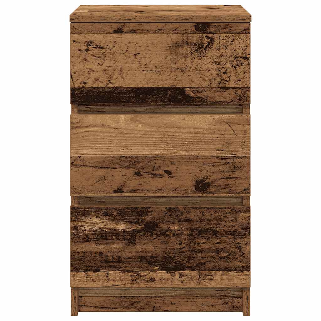 sengebord med 3 skuffer 39x35x65 cm gammelt træ-look