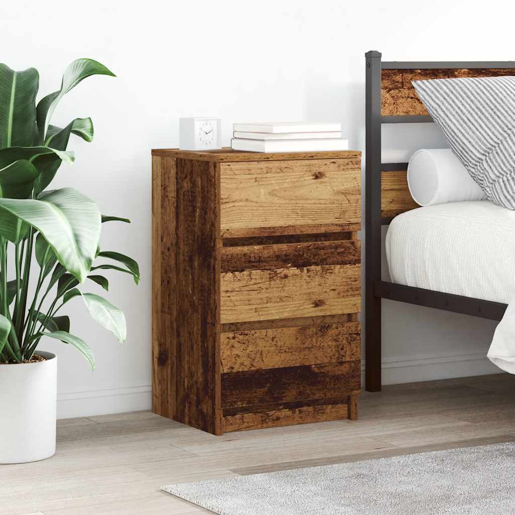 sengebord med 3 skuffer 39x35x65 cm gammelt træ-look