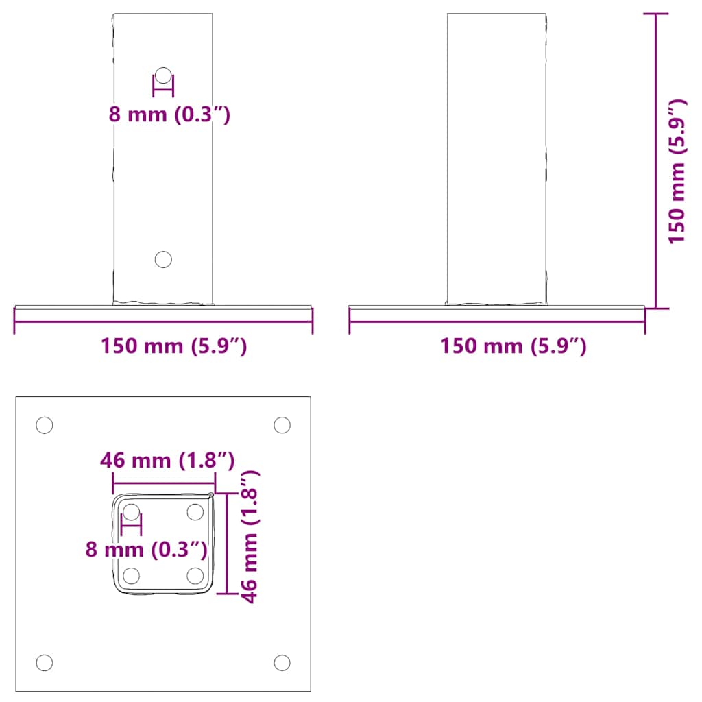 stolpefødder firkantet 12 stk. 46x46 mm galvaniseret stål