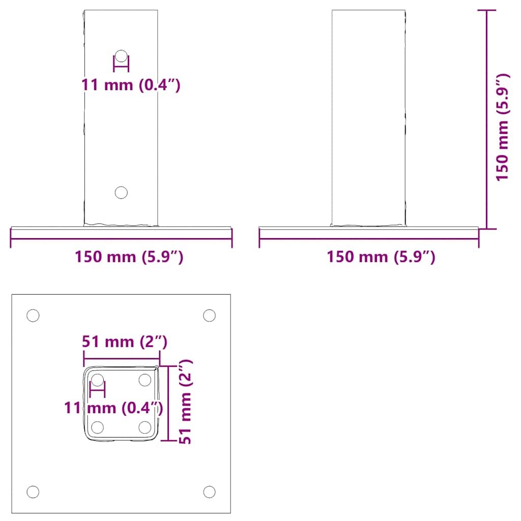 stolpefødder firkantet 4 stk. 51x51 mm pulverlakeret stål