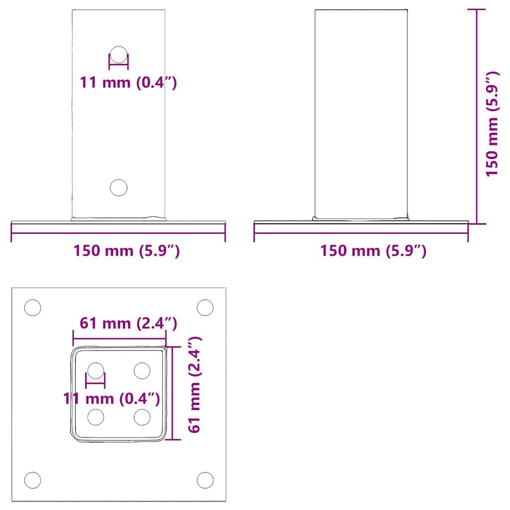 stolpefødder firkantet 4 stk. 61x61 mm pulverlakeret stål
