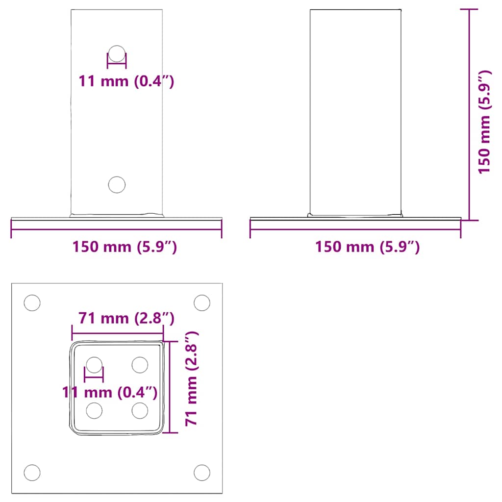 stolpefødder firkantet 4 stk. 71x71 mm pulverlakeret stål