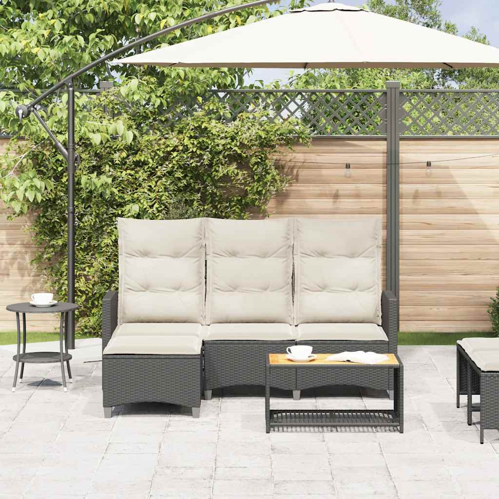 loungestol med hynder og lænefunktion L-formet polyrattan sort