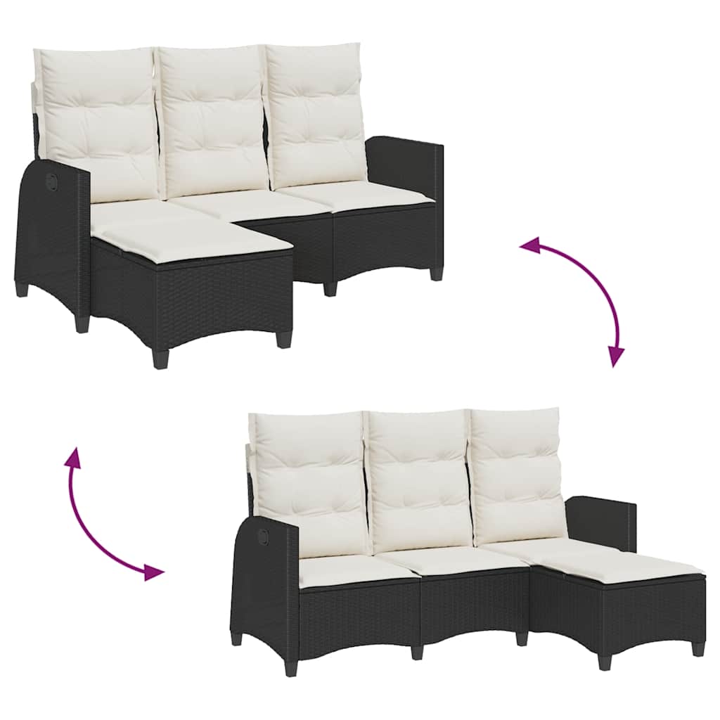 loungestol med hynder og lænefunktion L-formet polyrattan sort