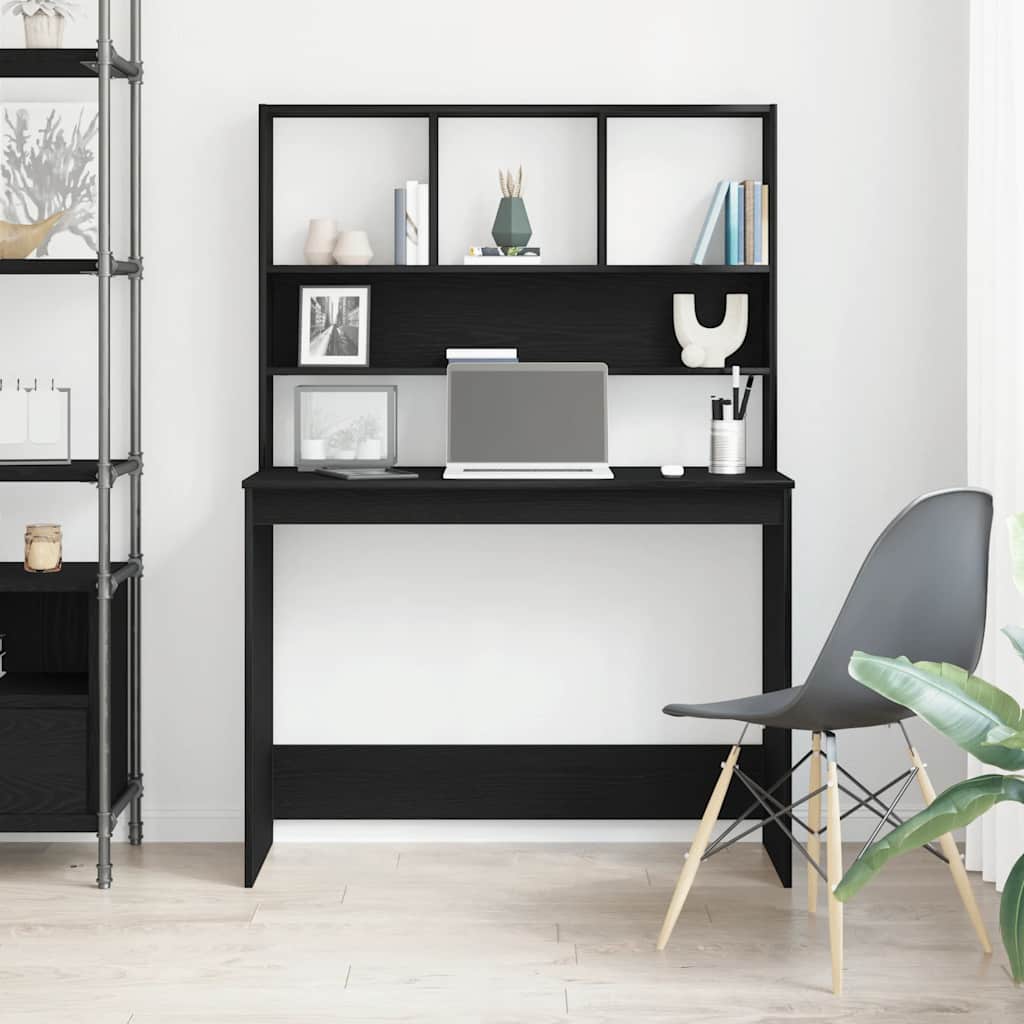 skrivebord m. hylder 102x45x148 cm konstrueret træ sort egetræ