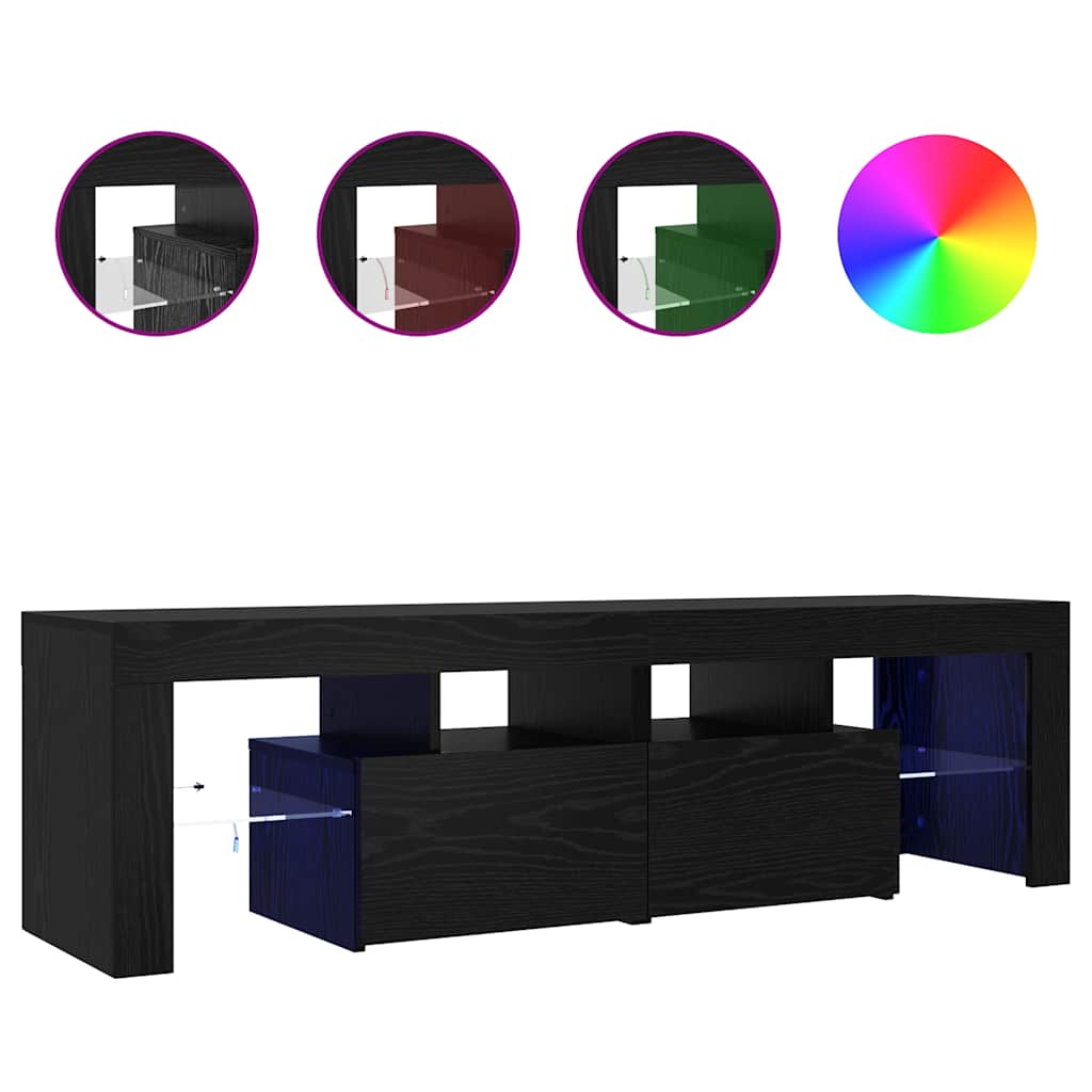 tv-bord med LED-lys 140x36,5x40 cm konstrueret træ sort egetræ