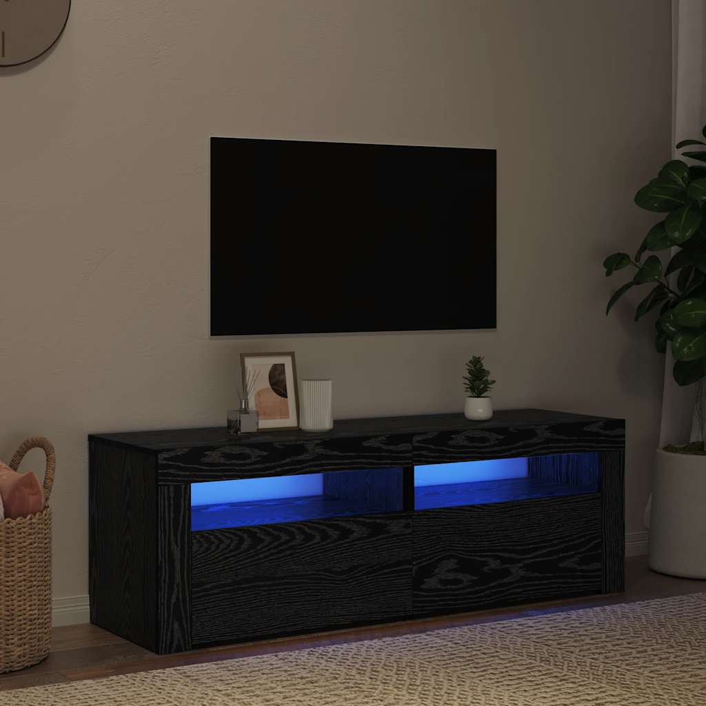 tv-bord med LED-lys 120x35x40 cm konstrueret træ sort egetræ