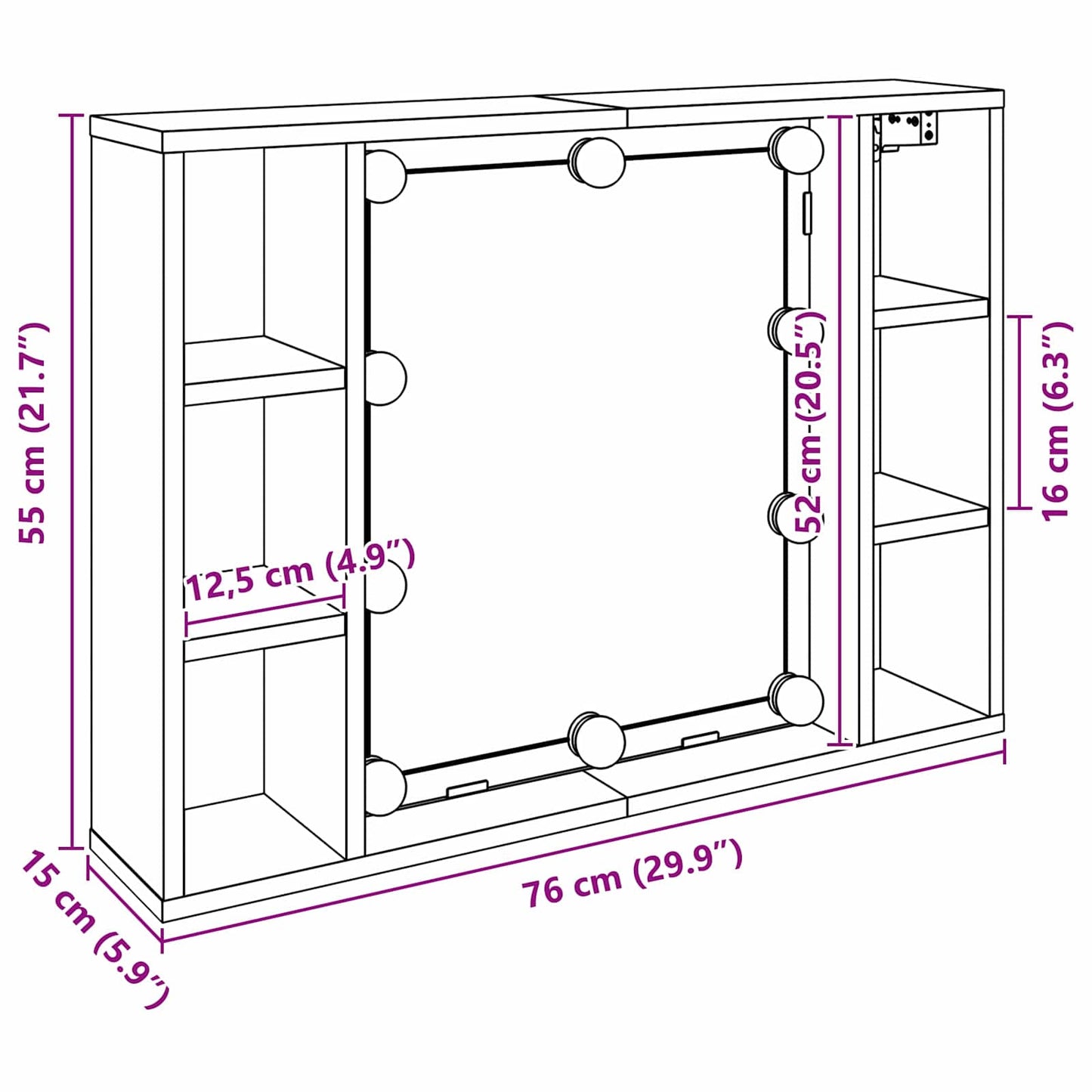 Spejlskab med spejllys Sort eg 76 x 15 x 55 cm Konstrueret træ