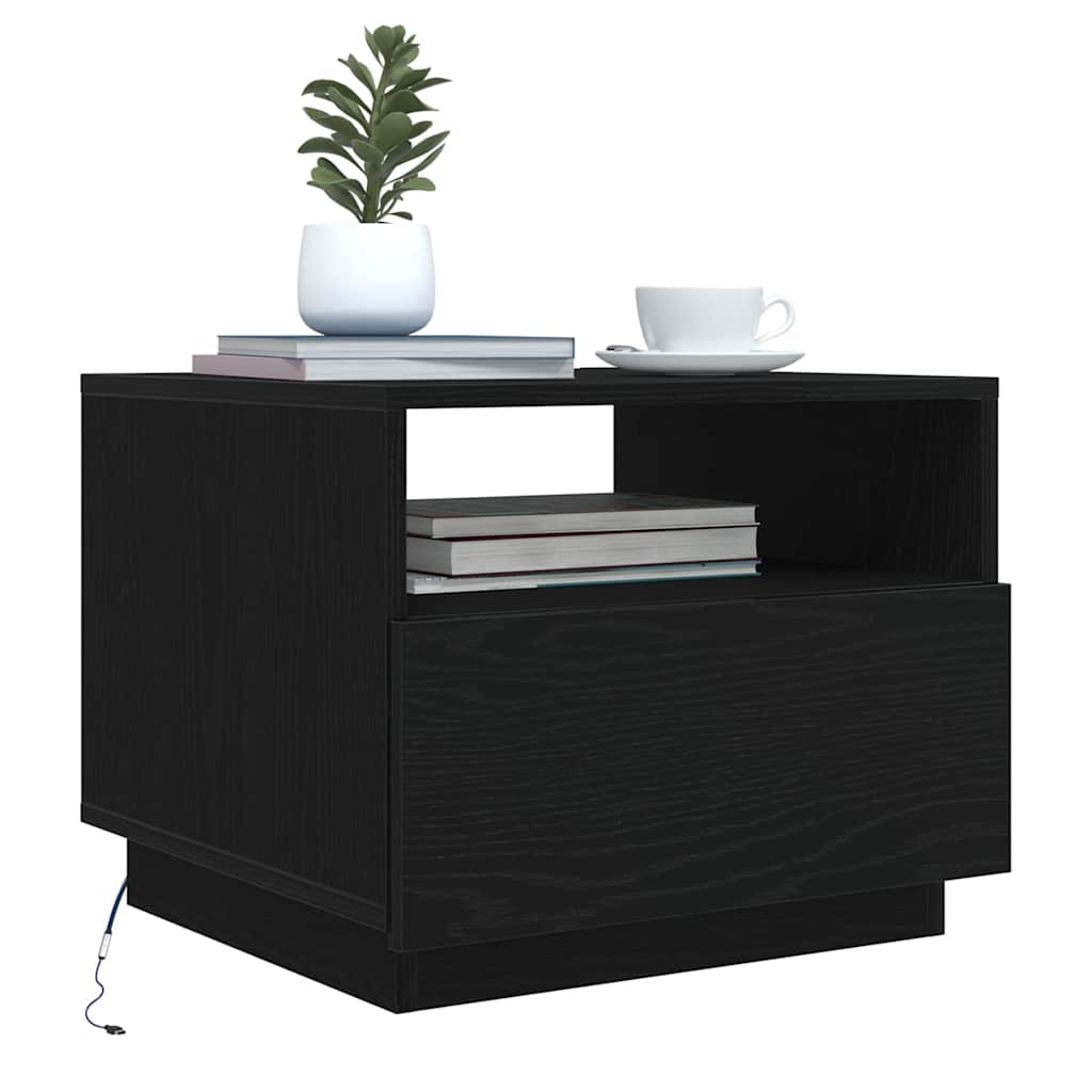 sofabord med LED-lys 50x49x40 cm sort egetræsfarve