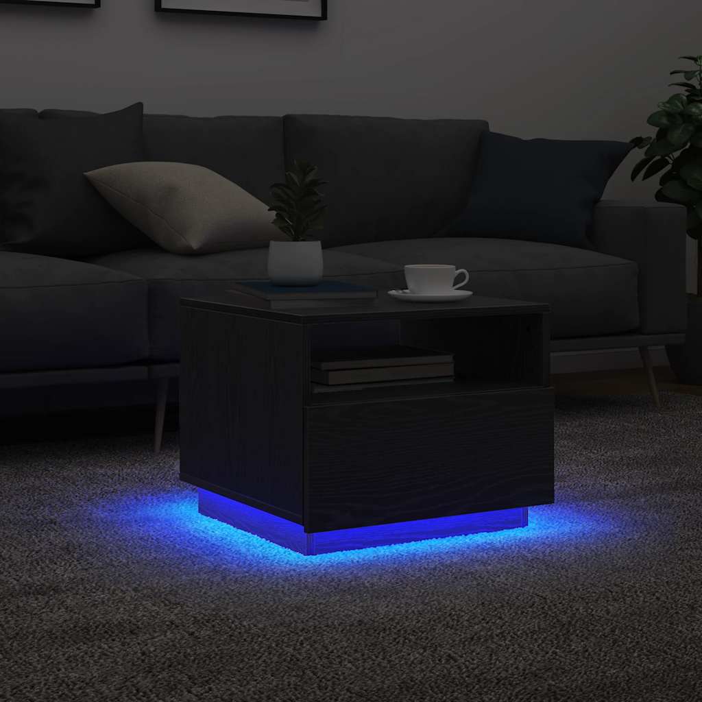 sofabord med LED-lys 50x49x40 cm sort egetræsfarve