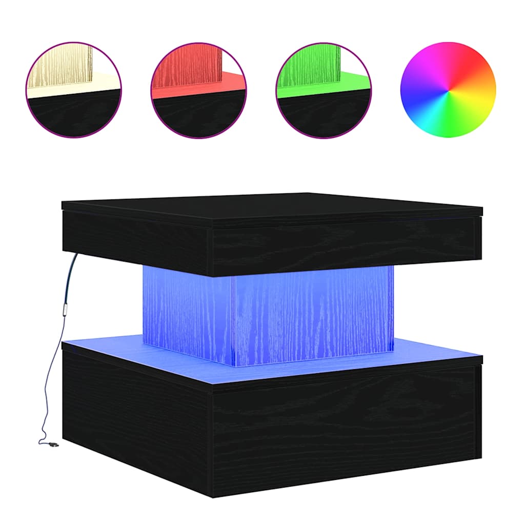 sofabord med LED-lys 50x50x40 cm sort egetræsfarve