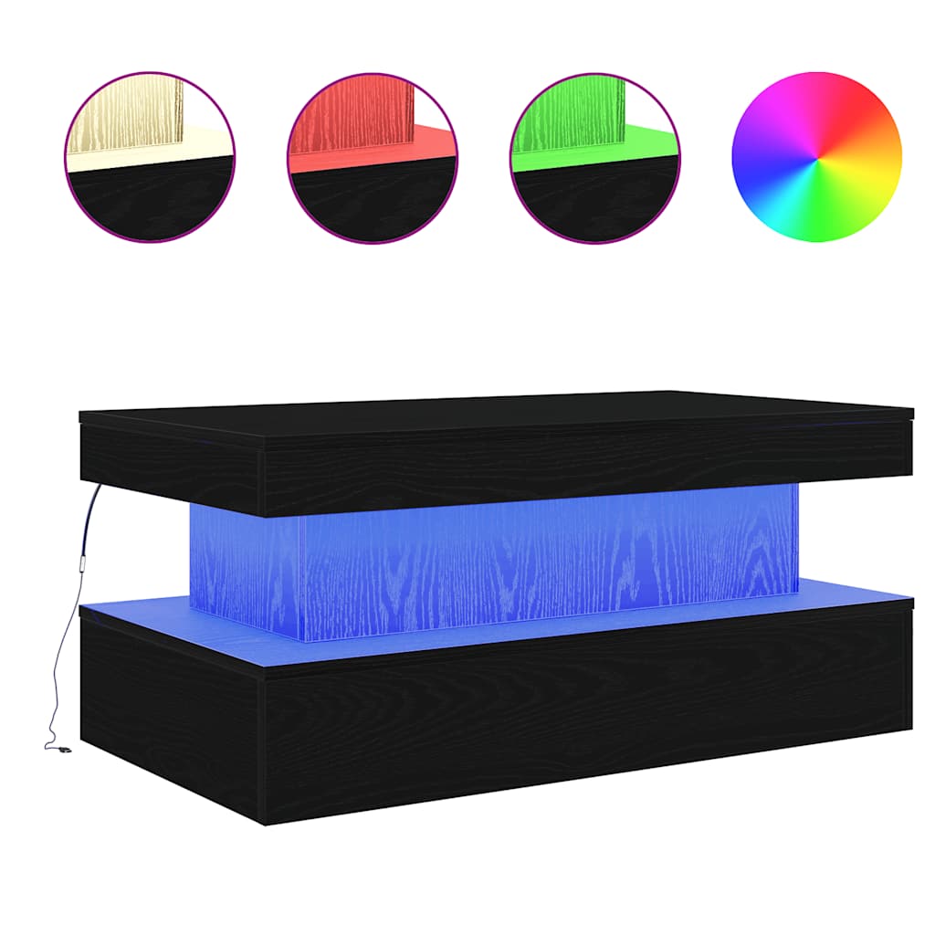 sofabord med LED-lys 90x50x40 cm sort egetræsfarve