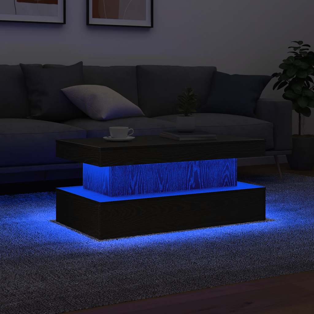 sofabord med LED-lys 90x50x40 cm sort egetræsfarve