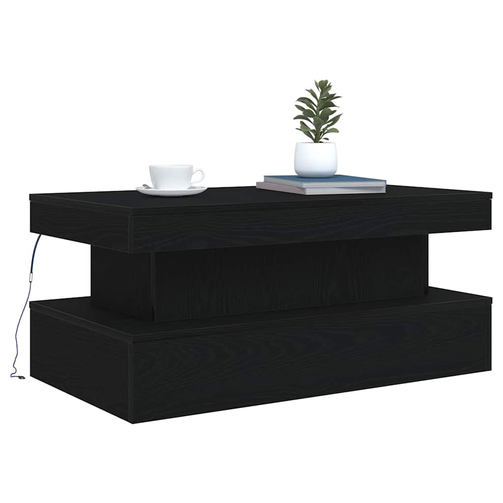 sofabord med LED-lys 90x50x40 cm sort egetræsfarve