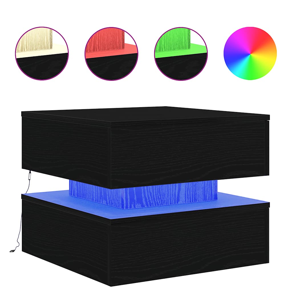 sofabord med LED-lys 50x50x40 cm sort egetræsfarve