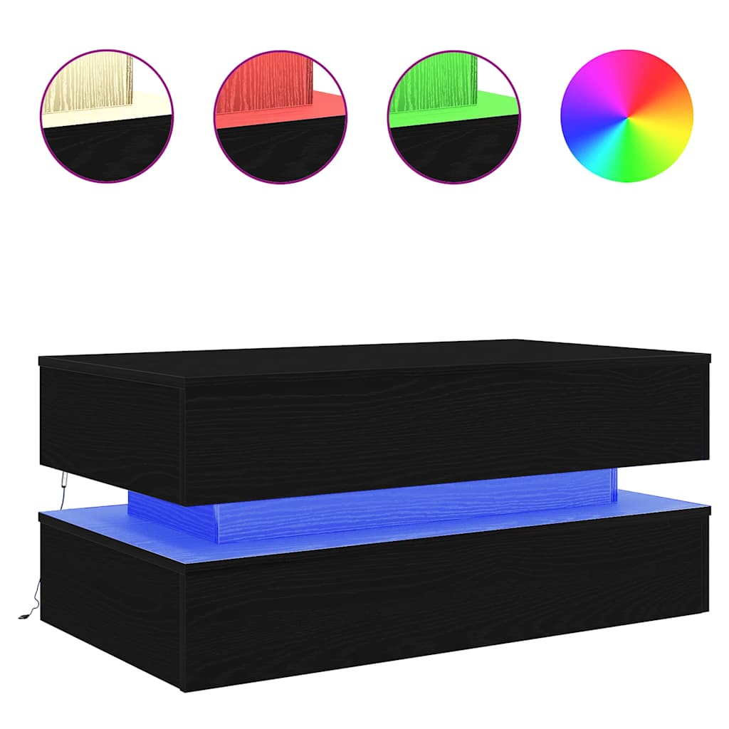 sofabord med LED-lys 90x50x40 cm sort egetræsfarve