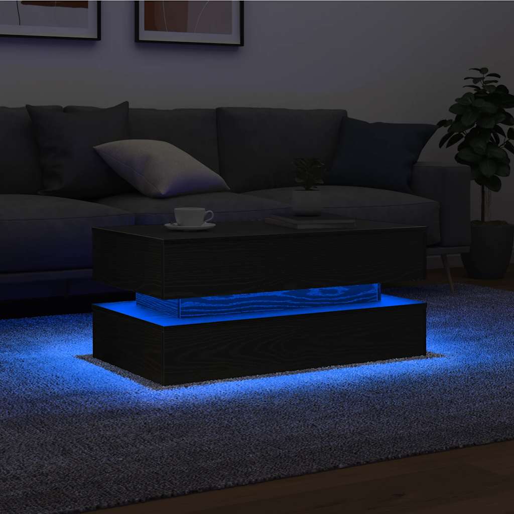 sofabord med LED-lys 90x50x40 cm sort egetræsfarve