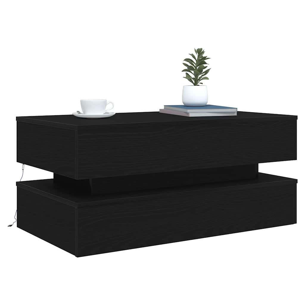 sofabord med LED-lys 90x50x40 cm sort egetræsfarve