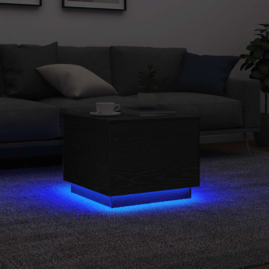 sofabord med LED-lys 50x50x40 cm sort egetræsfarve