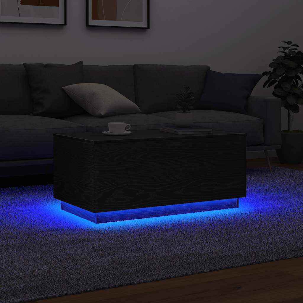 sofabord med LED-lys 90x50x40 cm sort egetræsfarve