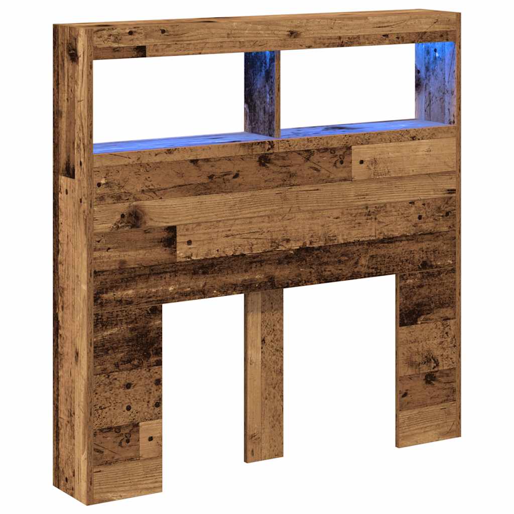 sengegavl med opbevaring og LED-lys 100x17x102 cm antikt træ