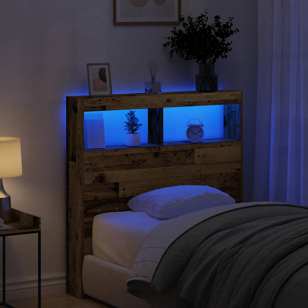 sengegavl med opbevaring og LED-lys 100x17x102 cm antikt træ