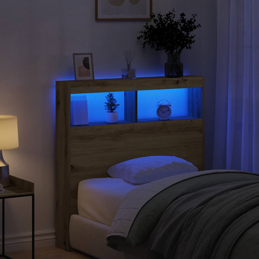 sengegavl med opbevaring og LED-lys 100x17x102 cm kunsteg
