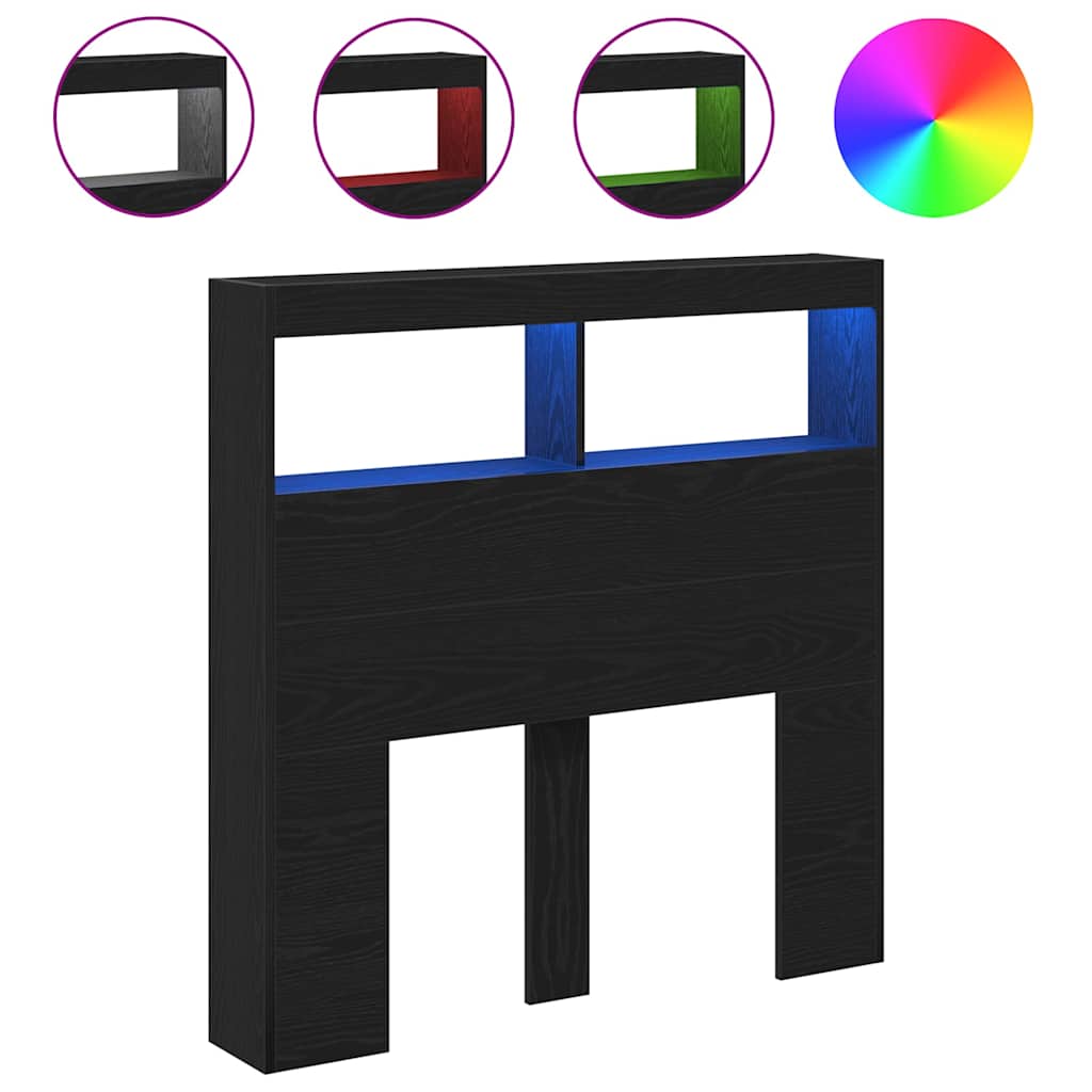 sengegavl med opbevaring og LED-lys 100x17x102 cm sort eg