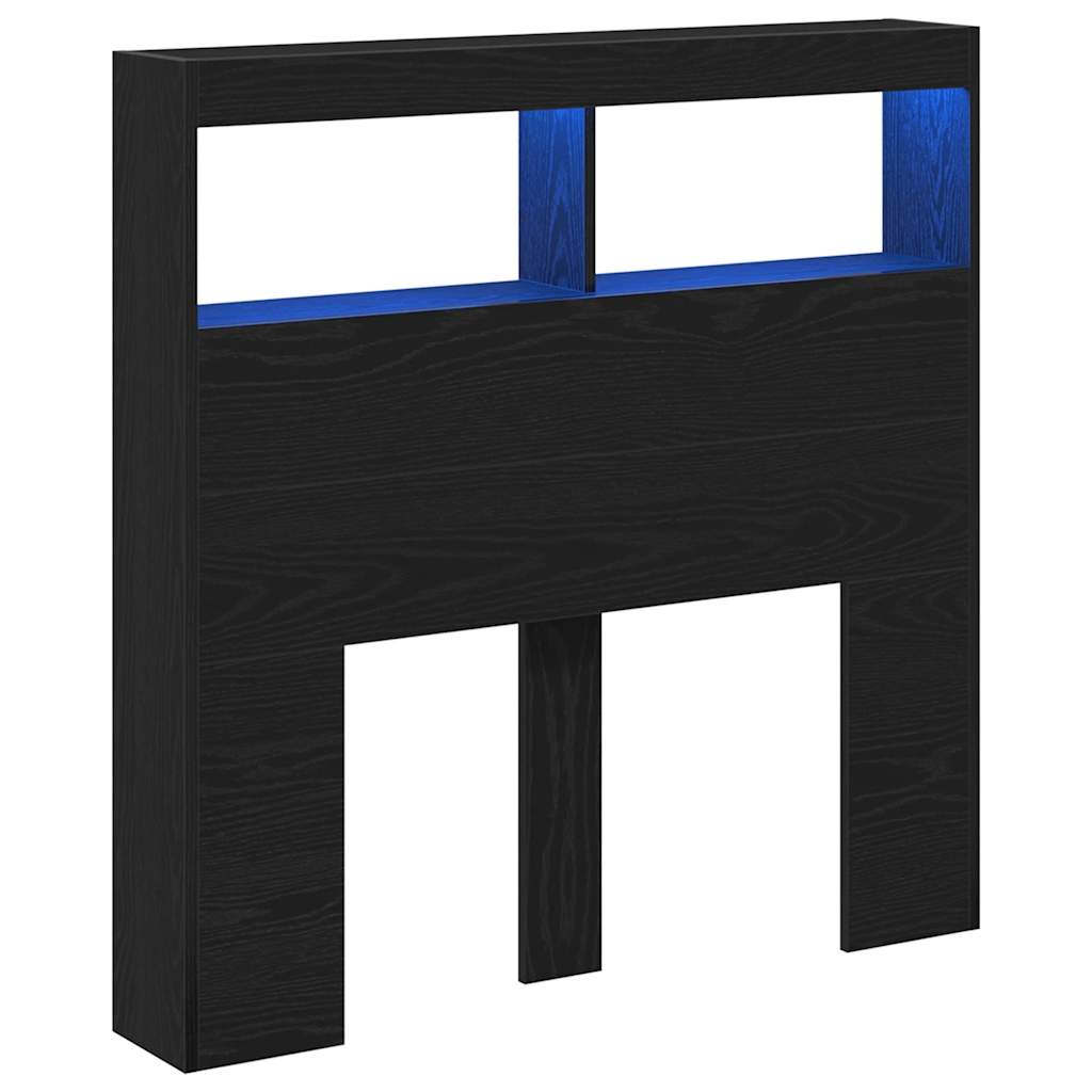 sengegavl med opbevaring og LED-lys 100x17x102 cm sort eg