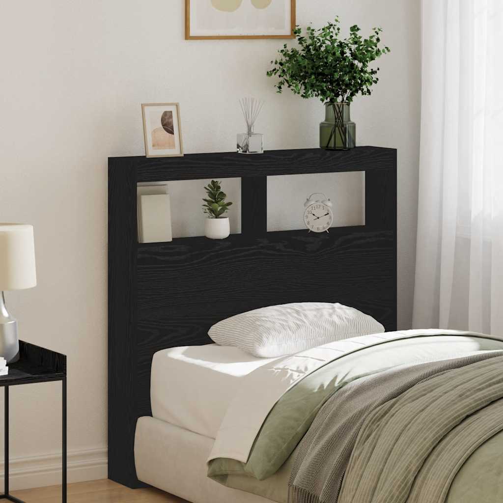 sengegavl med opbevaring og LED-lys 100x17x102 cm sort eg