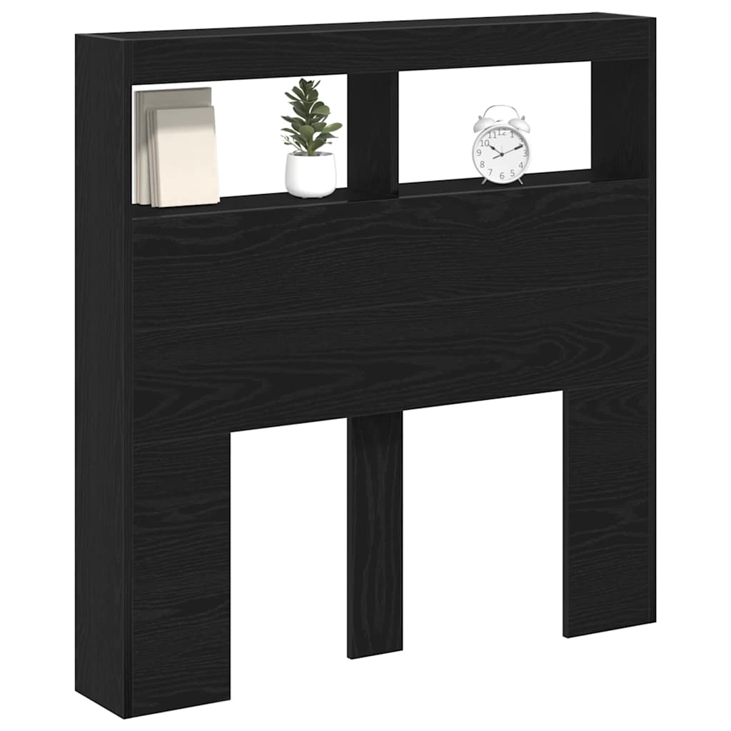 sengegavl med opbevaring og LED-lys 100x17x102 cm sort eg