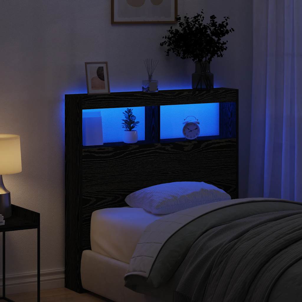 sengegavl med opbevaring og LED-lys 100x17x102 cm sort eg