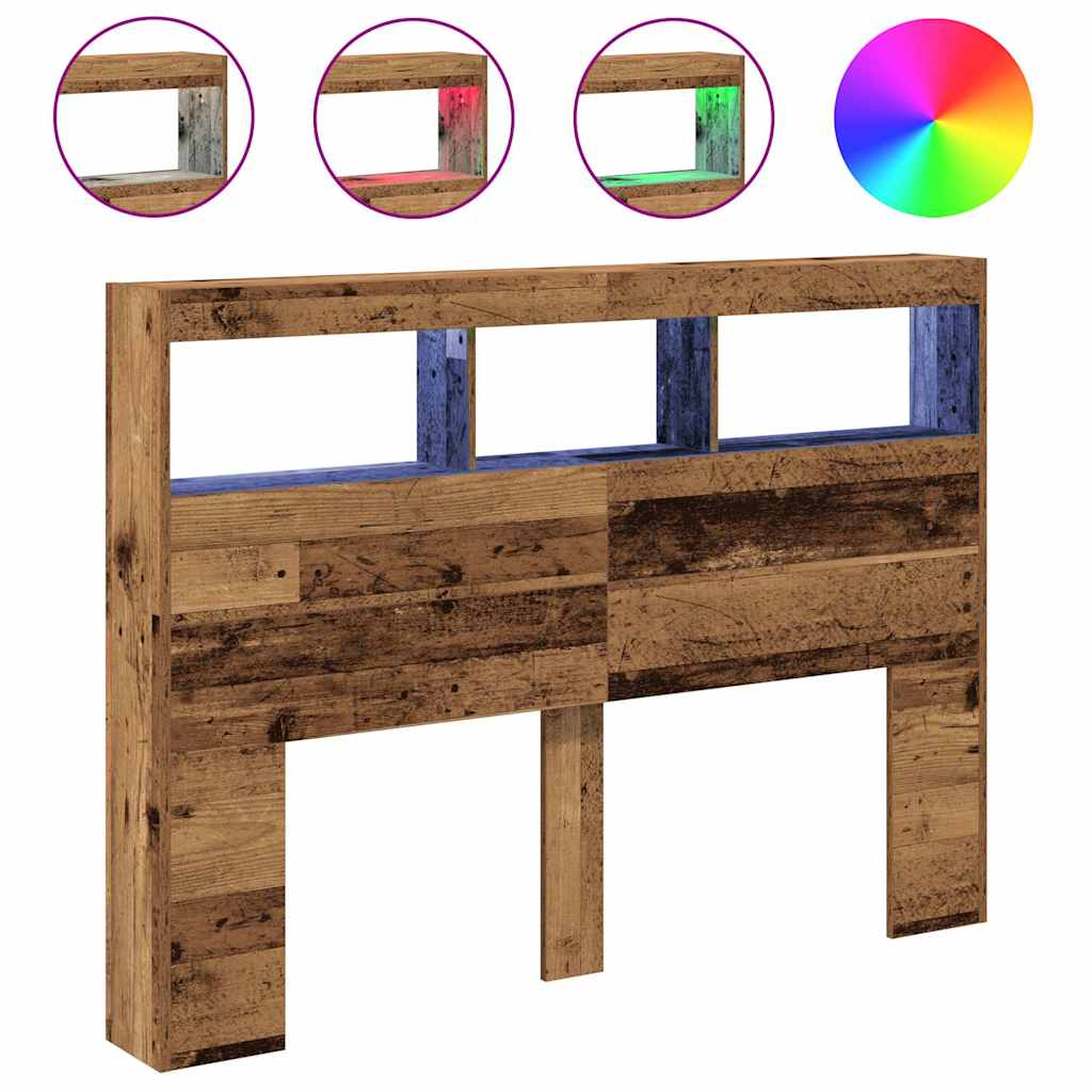 sengegavl med opbevaring og LED-lys 140x17x102 cm antikt træ