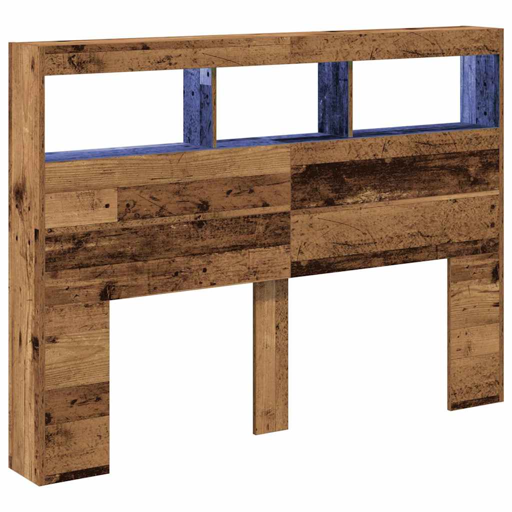 sengegavl med opbevaring og LED-lys 140x17x102 cm antikt træ