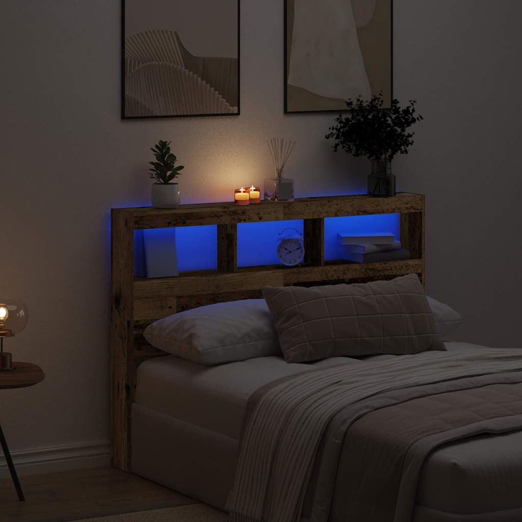 sengegavl med opbevaring og LED-lys 140x17x102 cm antikt træ