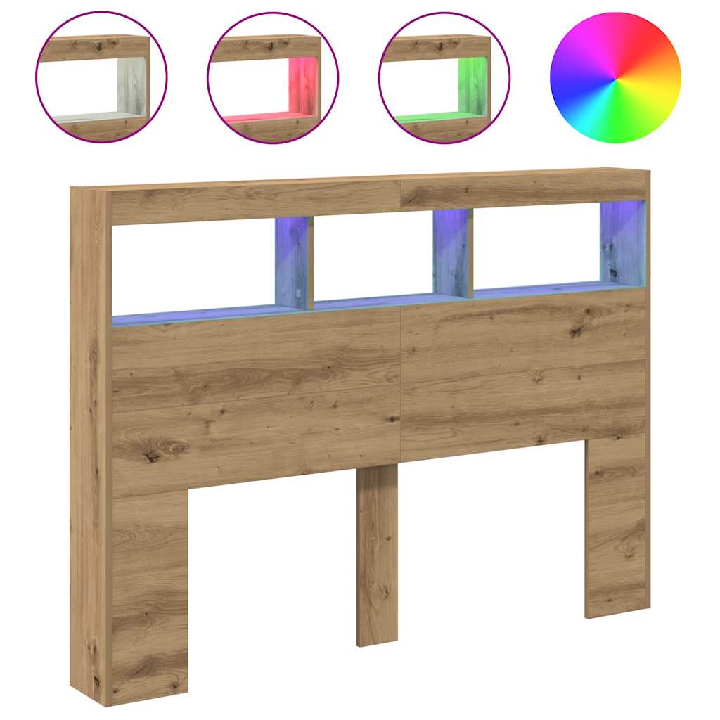 sengegavl med opbevaring og LED-lys 140x17x102 cm kunsteg