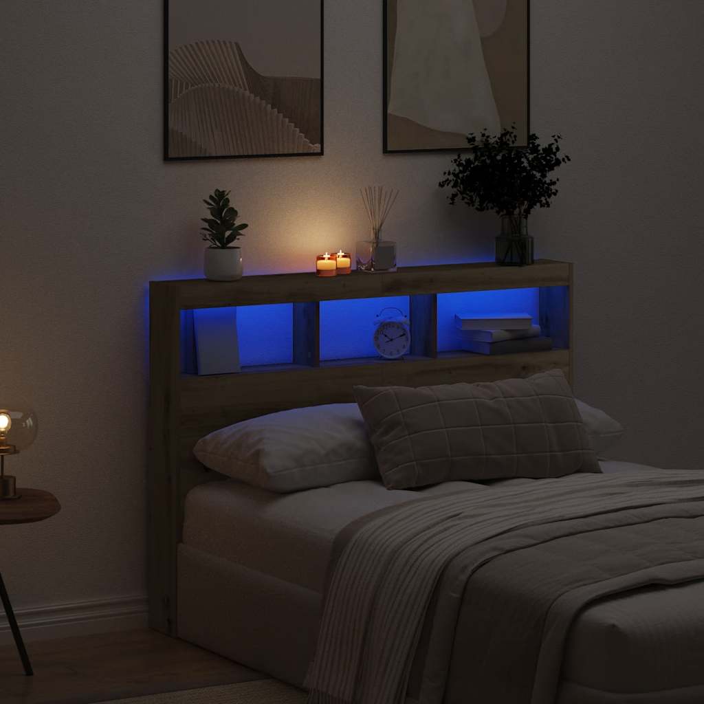 sengegavl med opbevaring og LED-lys 140x17x102 cm kunsteg