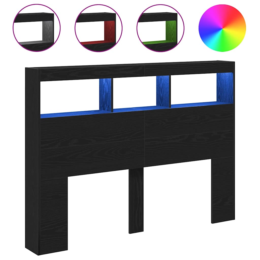 sengegavl med opbevaring og LED-lys 140x17x102 cm sort eg