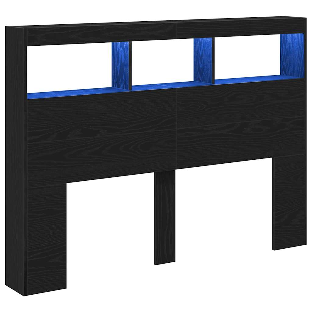 sengegavl med opbevaring og LED-lys 140x17x102 cm sort eg