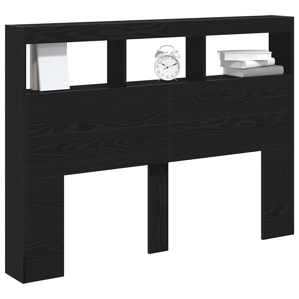 sengegavl med opbevaring og LED-lys 140x17x102 cm sort eg