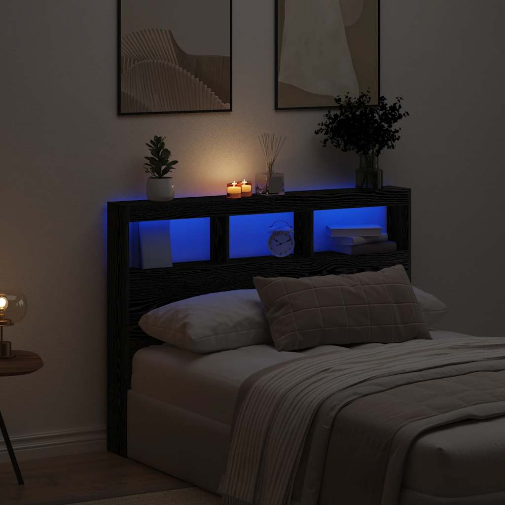 sengegavl med opbevaring og LED-lys 140x17x102 cm sort eg