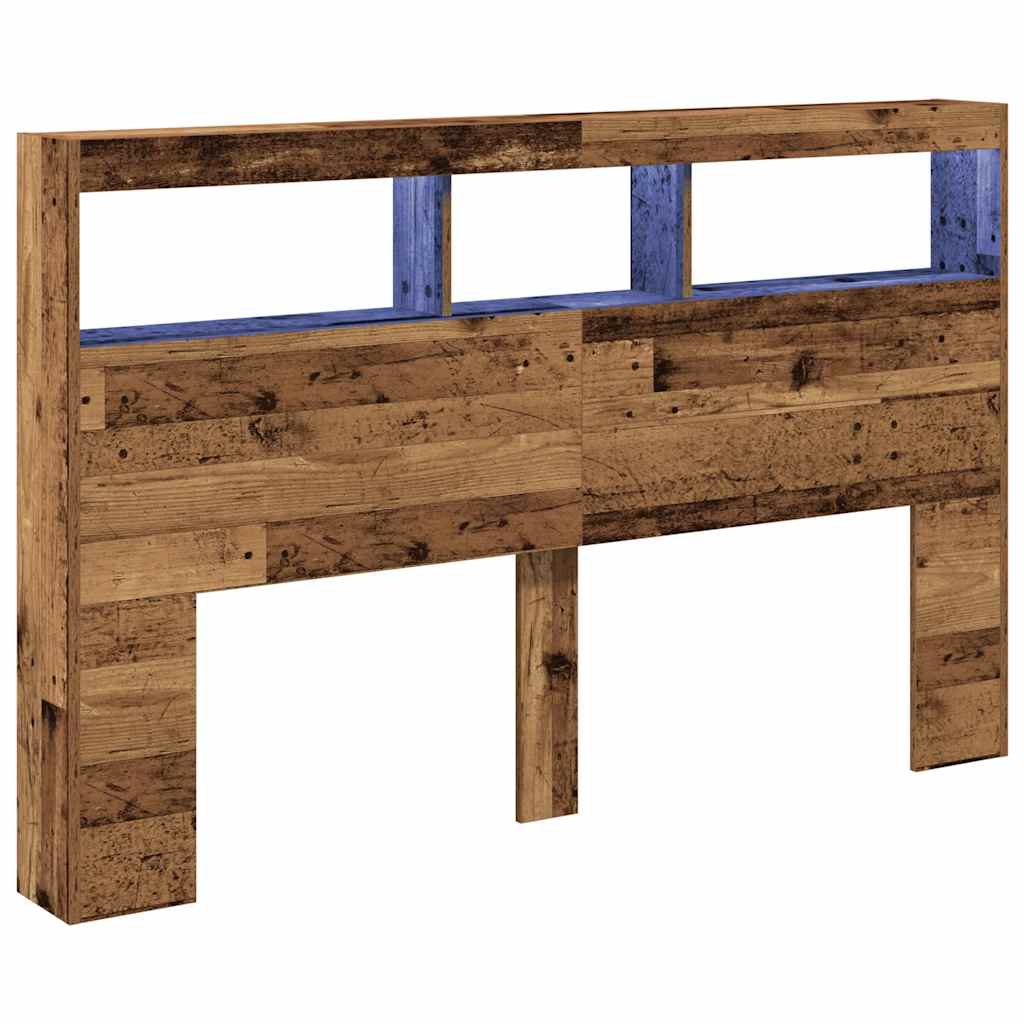 sengegavl med opbevaring og LED-lys 160x17x102 cm antikt træ