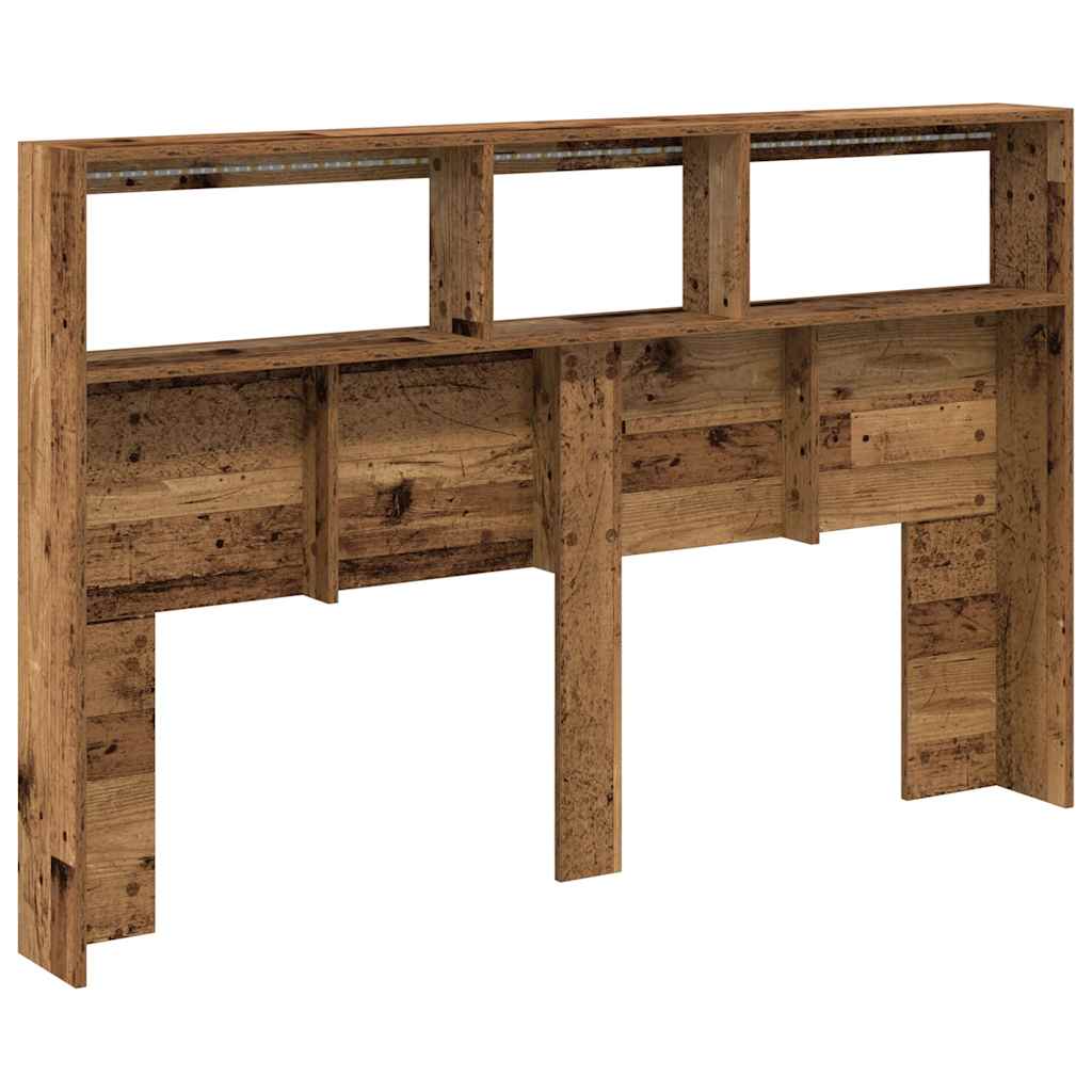 sengegavl med opbevaring og LED-lys 160x17x102 cm antikt træ