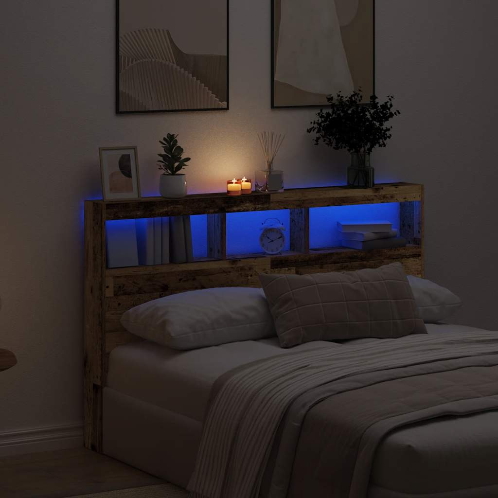 sengegavl med opbevaring og LED-lys 160x17x102 cm antikt træ