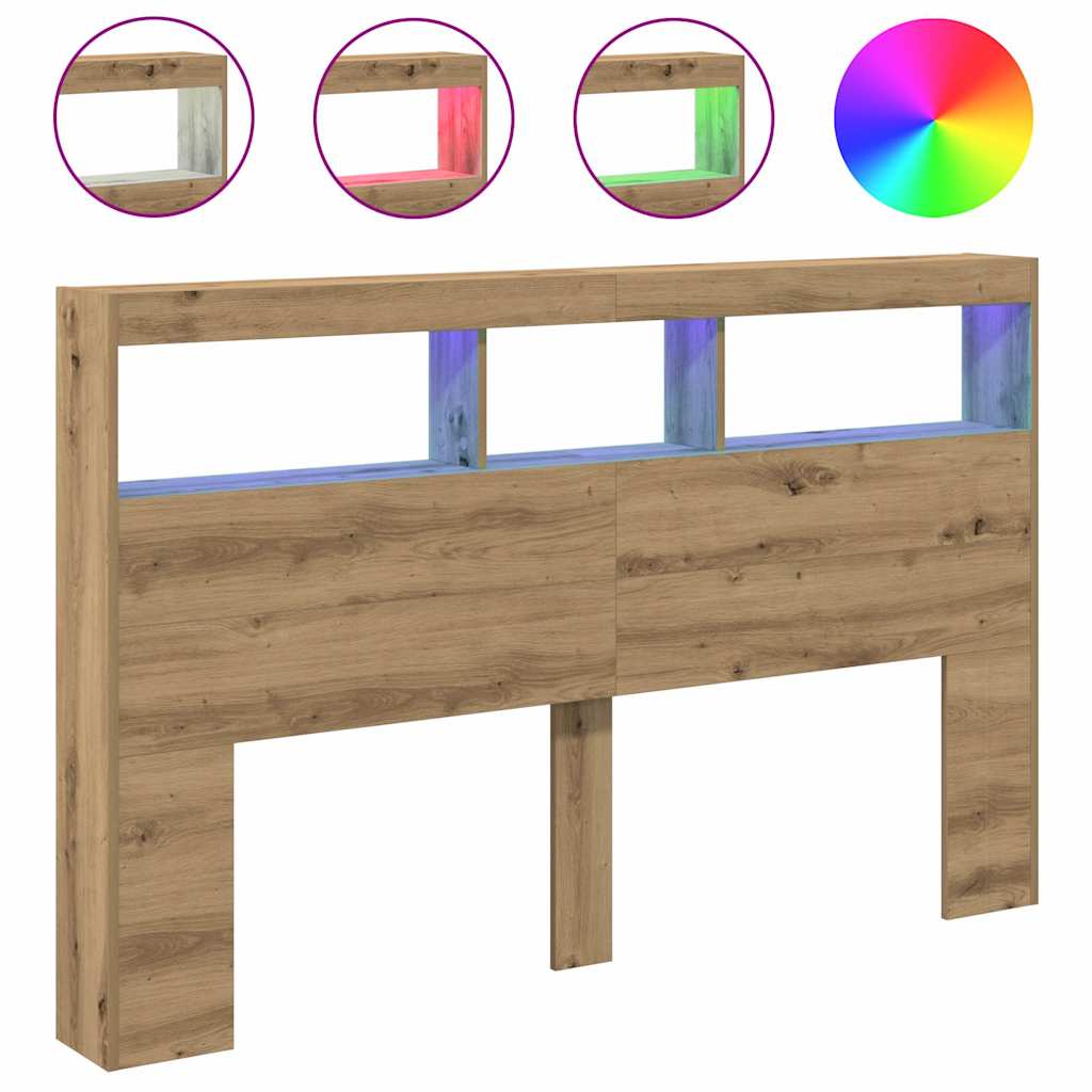 sengegavl med opbevaring og LED-lys 160x17x102 cm kunsteg