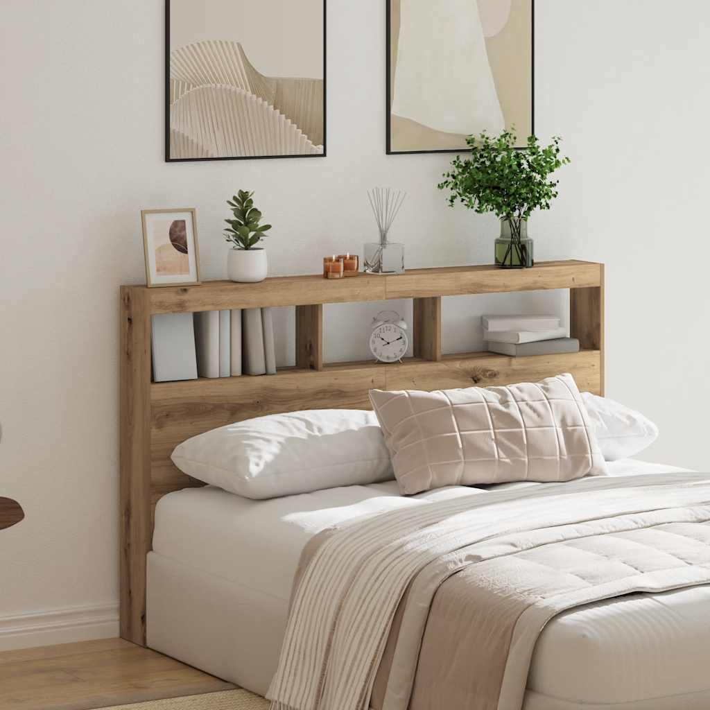 sengegavl med opbevaring og LED-lys 160x17x102 cm kunsteg