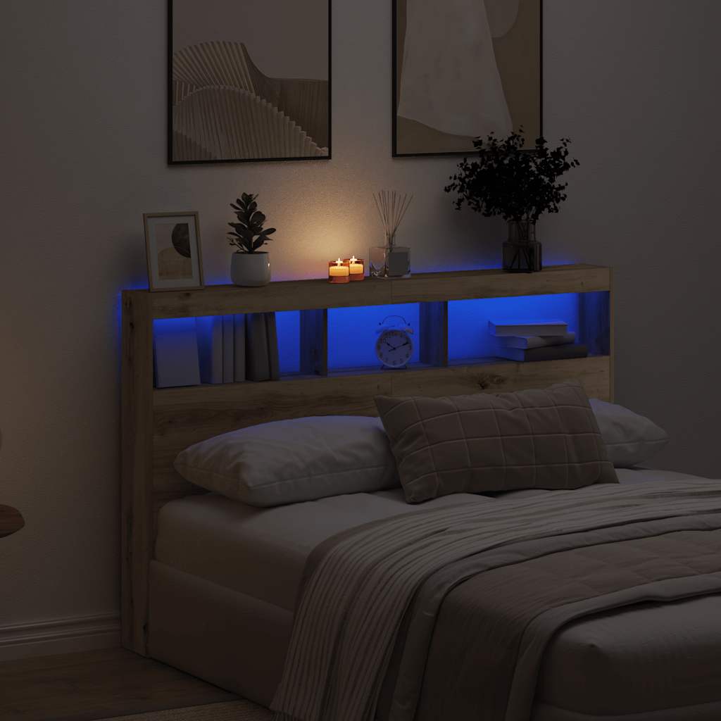 sengegavl med opbevaring og LED-lys 160x17x102 cm kunsteg