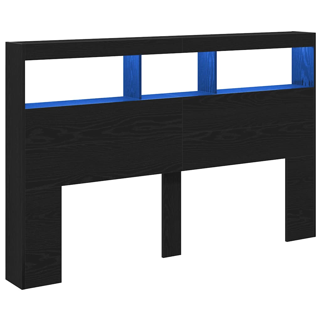 sengegavl med opbevaring og LED-lys 160x17x102 cm sort eg