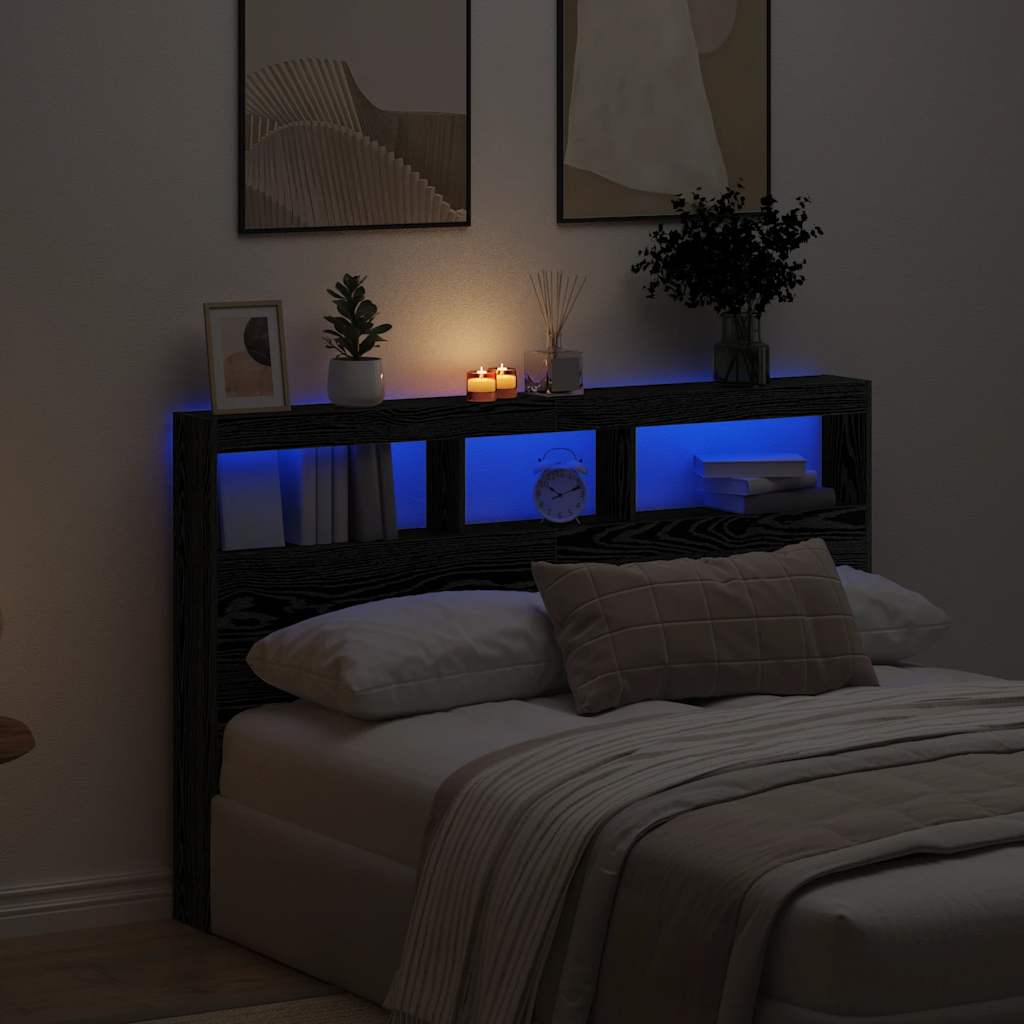 sengegavl med opbevaring og LED-lys 160x17x102 cm sort eg
