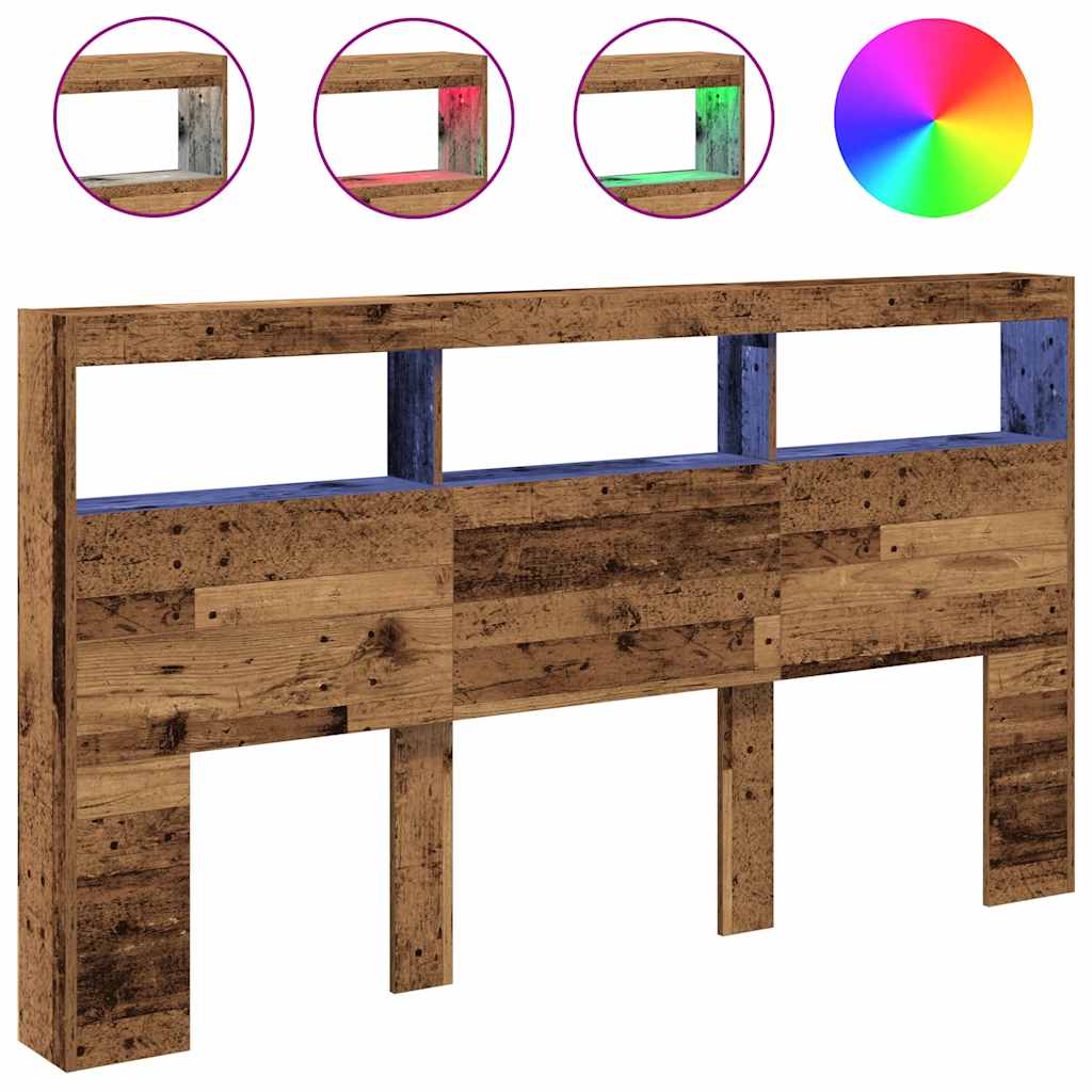 sengegavl med opbevaring og LED-lys 180x17x102 cm antikt træ